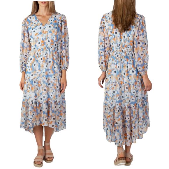 Joie Tiered Ruffle High Low Midi Dress Blue White Floral Print Lightweight XXL - Picture 1 of 9